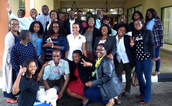 The Zambian trainees, from 12 public libraries, in a group outside the training venue. The Zambian trainees, from 12 public libraries, in a group outside the training venue.