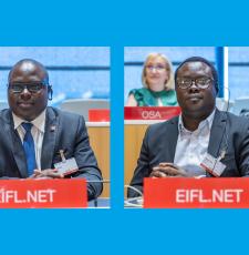 Dick Kawooya, left, and Desmond Oriakhogba, authors of the report, at the 42nd meeting of WIPO's Standing Committee on Copyright and Related Rights. Photos by WIPO.