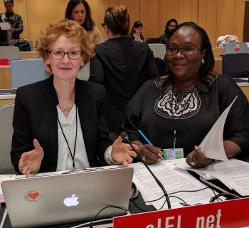 Teresa Hackett, EIFL Copyright and Libraries Programme Manager and Awa Cissé, EIFL copyright librarian in Senegal working together at EIFL's desk at WIPO's copyright committee meeting. Teresa Hackett, EIFL Copyright and Libraries Programme Manager and Awa Cissé, EIFL copyright librarian in Senegal working together at EIFL's desk at WIPO's copyright committee meeting.