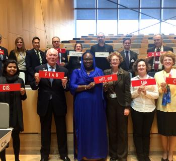 Group photo of 14 delegates from libraries, archives and museums in the WIPO conference hall.