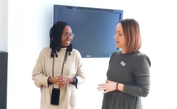 Guest speaker, Ivy Kabura Nganga, left, during a visit to Utena A. and M. Miškiniai public library, Lithuania.