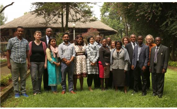 A group of trainees and trainers at the EIFL Open Science train the trainers course in Addis Ababa. They are standing outside the training venue.