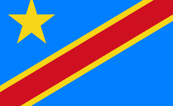 Flag of the DRC = blue background, gold star in top left hand corner and diagonal stripe, yellow borders, red inside, from bottom left corner to top right corner.