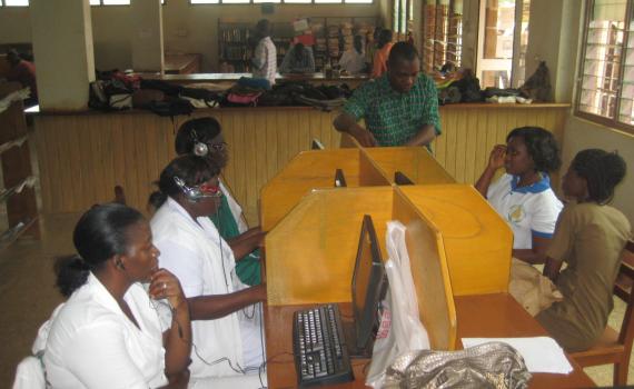Health workers learn to use computers in Northern Regional Library's maternal health corner. Health workers learn to use computers in Northern Regional Library's maternal health corner.
