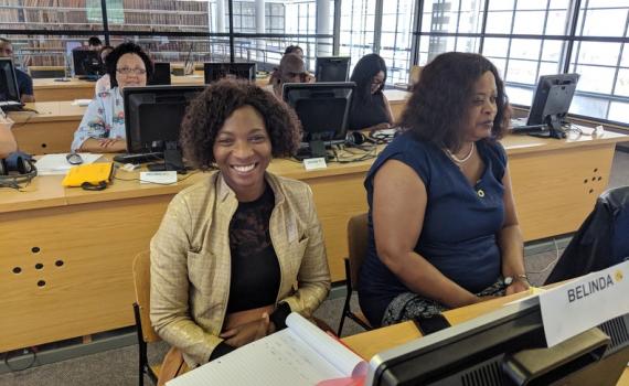 Public librarians, with computers, in a training session, in class, in Windhoek, Namibia.