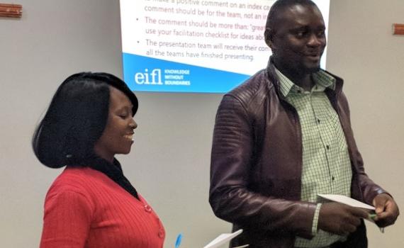 Two trainees presenting during training in Lusaka, Zambia, in 2019