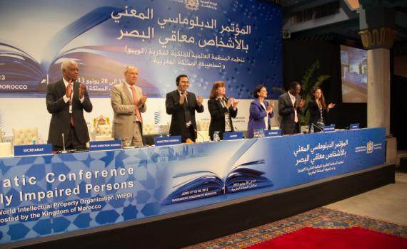 Representatives of member states stand to applaud the adoption of Marrakesh treaty, which will facilitate access to published works by visually impaired persons and persons with print disabilities (27 June 2013). Credit:WIPO