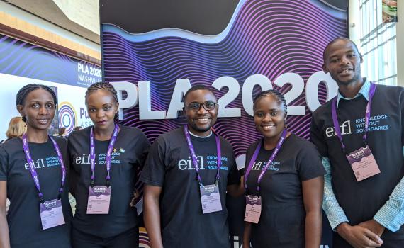 The five young library innovators, from left - Daisy Ashabahebwa (Uganda), Sarah Nyaboke Ogembo (Kenya), Dominic Bwalya Chitondo (Zambia), Letta Shivute (Namibia) and Yusuf Ganyana (Kenya).