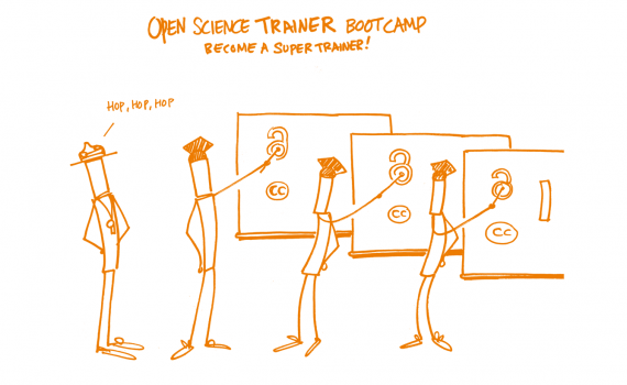 cartoon of open science trainers at a board, teaching open science