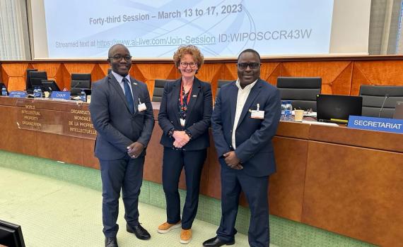 EIFL delegation at SCCR/43, left to right: Expert Advisor, Prof Anthony Kakooza, Teresa Hackett, Prof Dick Kawooya