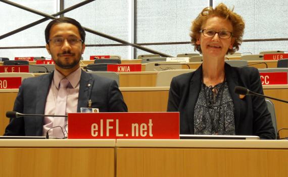 in photo Pratyush Nath Upreti from Nepal, left, with EIFL Copyright and Libraries Programme Manager, Teresa Hackett.