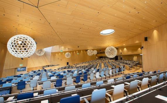 The WIPO Conference Hall, empty of people.